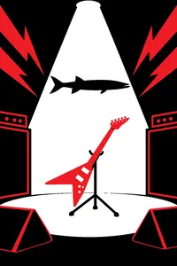 A barracuda fish silhouetted against a stage spotlight with a guitar in the foreground.