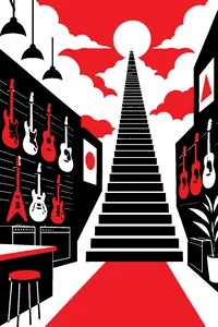 A long staircase rising into clouds, a guitar store wall of hanging guitars at its foot.