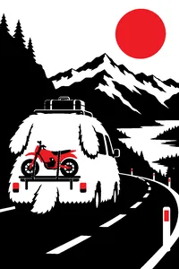 A shaggy-dog-shaped van parked on a mountain road, a red mini-bike strapped to the back and a briefcase on the roof.