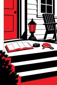 A phone book open on a porch step beside a lamp, an ashtray, a paddle game and a chair, as if carried out of a house.