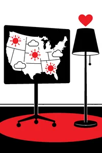 A 1970s TV station weather map with sun and cloud magnets, and a floor lamp standing next to it with a heart above it.