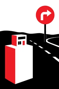 A tiny shoebox-sized model building on a pedestal next to a road sign showing only a right-turn arrow.