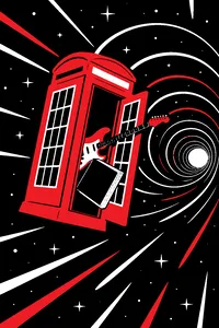 A red phone booth floating through a starry time tunnel, an electric guitar and a history textbook sticking out of the door.