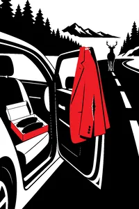 A tiny brown suit coat with a split seam hanging on a car's open door, brake pads in a box on the seat, a deer in the road.