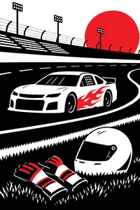 A stock car on an oval race track, a pair of race gloves and a helmet on the infield grass, a red flame decal down the side.