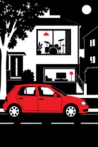 A small blue hatchback with its windows down on a night street, a basement TV set and a drum kit visible in a house behind it.