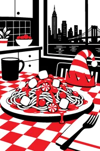 A plate of spaghetti covered in maple syrup, candy and marshmallows on a New York kitchen table, a striped elf hat beside it.