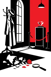 A detective's trench coat and hat on a hotel coat rack, a smashed vase and a magnifying glass on the floor, a pink diamond on a pedestal.