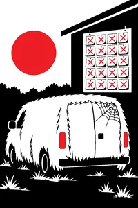 A shaggy-dog-shaped van with a cobweb on it and a calendar showing twenty years of crossed-off pages.