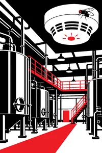 An industrial meth-lab-style laboratory of steel vats and catwalks, a single housefly resting on a blinking smoke detector.