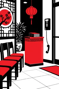 A Chinese restaurant waiting area with a red lacquer podium, a pay phone off the hook and a stack of menus nobody has been given.