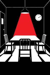 A small gray interrogation room with a metal table, three chairs and a single overhead light, a clock on the wall.