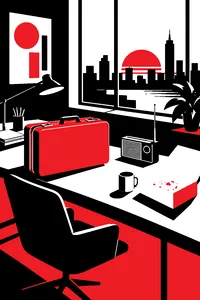 A 1960s ad agency office at dawn with a Samsonite suitcase on the desk, a transistor radio and an empty birthday cake box.