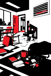 A ransacked community-college study room with a purple gel pen sitting in an air vent beside a pile of stolen trinkets.