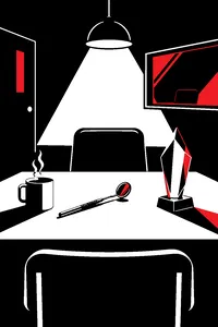 A police interrogation room with a dental mirror and a glass trophy on the table, a coffee cup going cold.