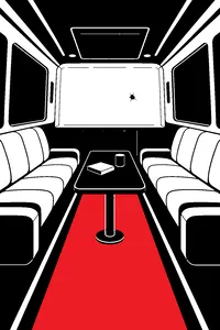 The interior of a small luxury shuttle bus with blacked-out windows and empty seats facing each other, a single knock mark dented into the wall.