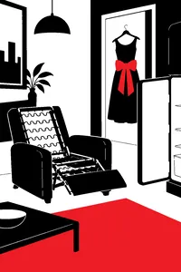 A purple-walled apartment with a recliner stripped of its cushions, a glass of yellowish fat in the fridge door and a Christmas bow on a dress.