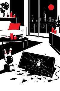 A tiny plasma TV smashed on a condo floor beside a golden bowling-trophy-style award, scented candles burning on every surface.