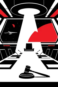 A starship hearing room with a long table, a gavel and a single empty witness chair under bright lights.