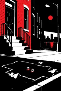 A chalk outline on a Baltimore rowhouse stoop at night, scattered dice and crumpled dollar bills beside it under a sodium streetlight.