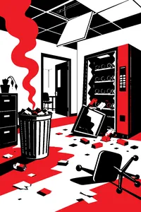 A smoking metal trash can in a drab office, a vending machine smashed open, a ceiling tile knocked loose overhead.