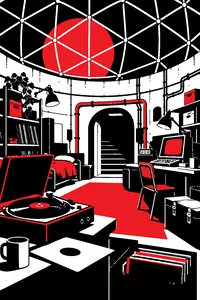 A cluttered underground bunker with a vintage record player spinning, a computer terminal glowing green, and a geodesic dome ceiling.