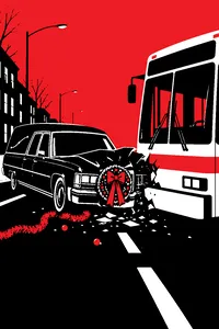 A gleaming new black hearse crumpled against the front of a city bus on a quiet street, a Christmas wreath on the hearse grille, tinsel on the asphalt.