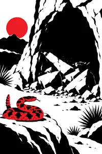 A dark prehistoric cave mouth after an earthquake, rocks fallen across the entrance, a rattlesnake coiled on a sunlit stone outside.