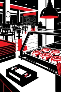 A black-and-white shopping mall food court at closing time, a tray of cinnamon rolls under a heat lamp, a VHS tape on the counter.