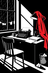 A typewriter on a writer's desk beside an empty chair, a half-finished manuscript, and a rumpled beige raincoat draped over the lamp.
