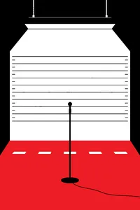 Five empty spots in a police lineup room under harsh light, height chart on the wall, a single microphone on a stand in front.