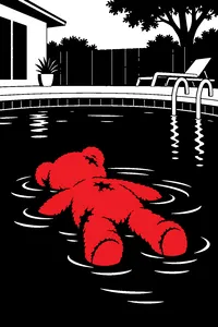 A singed pink teddy bear floating face down in a backyard swimming pool, missing one eye, the water otherwise still.
