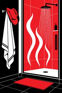 A steamy bathroom with the shower running behind a frosted glass door, a towel and a cowboy hat on the hook outside.