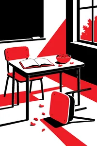 A small classroom desk with two chairs, one tipped over, a lesson book open, and a bowl of fingertip-sized cheese puffs.
