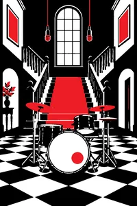 A drum kit at the bottom of a stone staircase in an old English country house, two microphones dangling from the top.