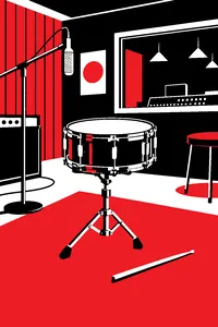 A snare drum in a small 1960s recording studio, one drumstick on the floor beside it.