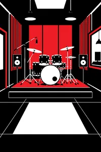 A drum kit on a raised wooden platform in a recording studio, a lit-up sidewalk tile in front.