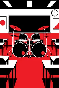A drum kit with two bass drums in an empty classroom, a chalkboard and desks behind it.