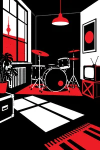 A drum kit in a Berlin studio by a window facing a wall, an old television on a crate.