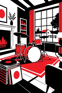 A drum kit in a country house living room with a stack of vintage 1950s records beside it.