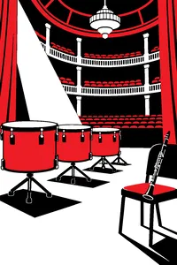A row of tom-toms on the stage of a grand concert hall with a clarinet resting on a chair.
