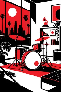 A drum kit in a sunny Los Angeles studio with a Grammy-style gramophone trophy on a shelf.