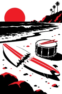A surfboard snapped in half on a beach beside a marching band snare drum.