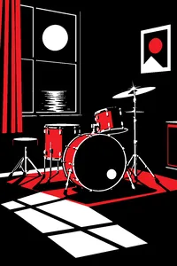 A drum kit in a dark room at night with a full moon in the window and a single cymbal glinting.