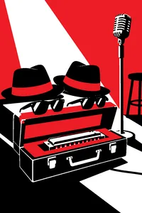 Two black fedoras and two pairs of black sunglasses on a harmonica case beside a microphone.