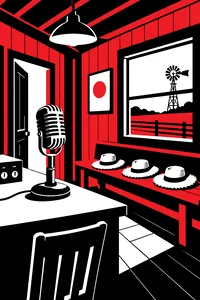 An old-fashioned radio station microphone in a tiny wooden recording shack, three straw hats on a bench.
