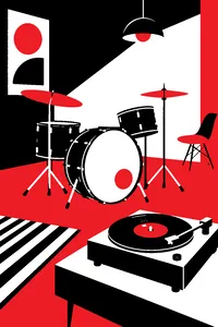 A sparkly 1960s drum kit and a single 45 record spinning on a small turntable.