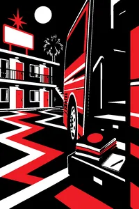 A tour bus parked at a roadside motel at night, a stack of band T-shirts and a reporter's notebook on the step.