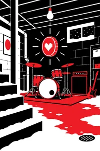 A snowy Toronto basement with a drum kit and bass amp, a glowing extra-life coin floating above.