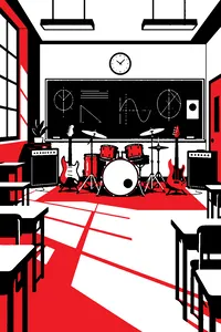 A school classroom with desks pushed aside, a drum kit and guitars set up in front of a chalkboard covered in diagrams.